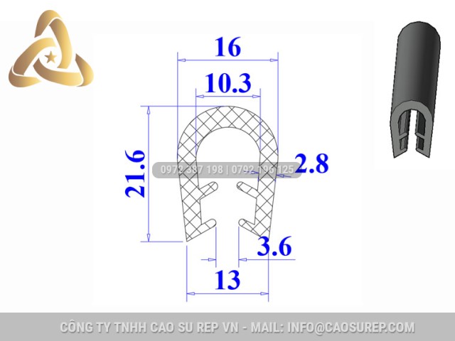 Ron cao su EPDM chữ U 16x21.6x10.3