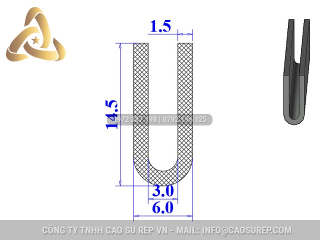 Ron cao su EPDM chữ U 6x14.5x3 Ron cao su EPDM chữ U 6x14.5x3