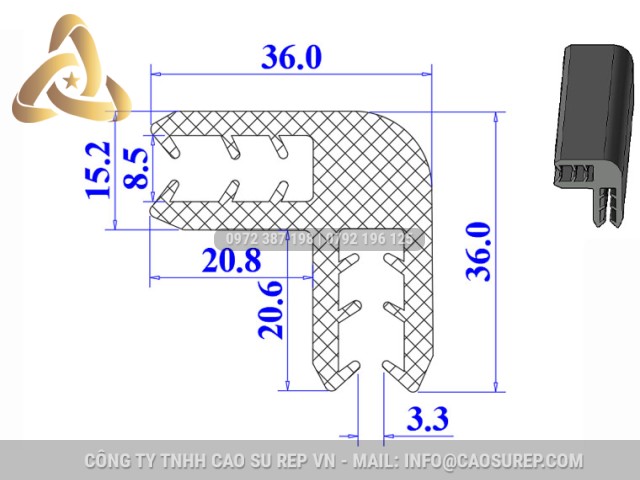 Ron cao su EPDM chữ U 36x36x8.5