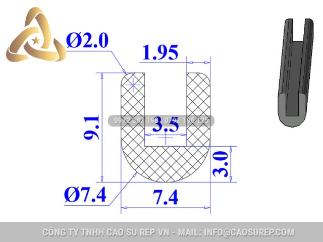 Ron cao su EPDM chữ U 7.4x9.1x3.5