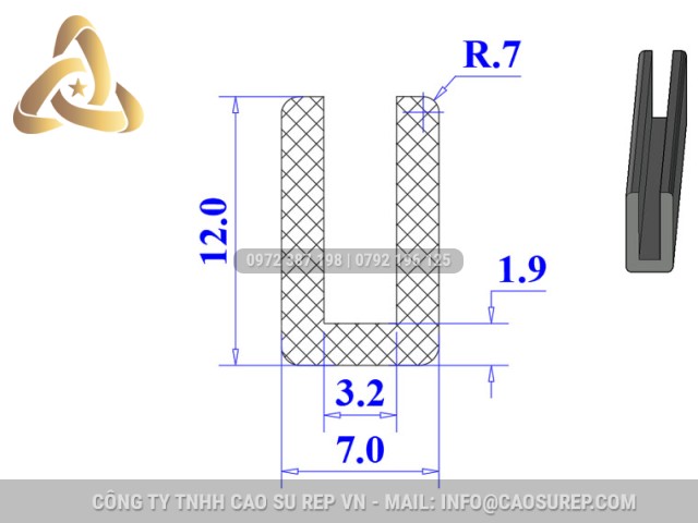 Ron cao su EPDM chữ U 7x12x3.2 Ron cao su EPDM chữ U 7x12x3.2