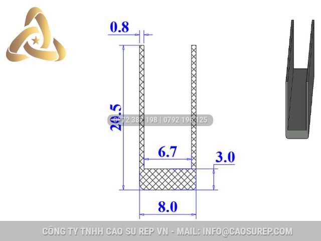 Ron cao su NBR chữ U 8x20.5x6.7