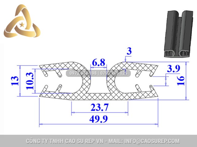 Ron cao su EPDM chữ U 49.9x16x6.8