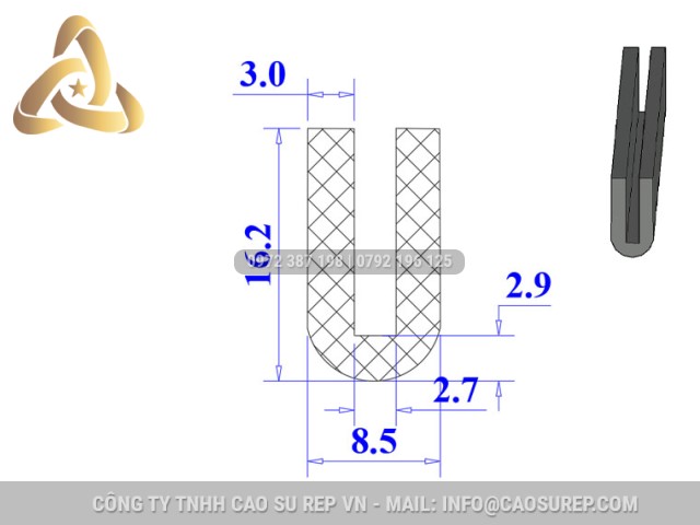 Ron cao su NBR chữ U 8.5x16.2x2.7