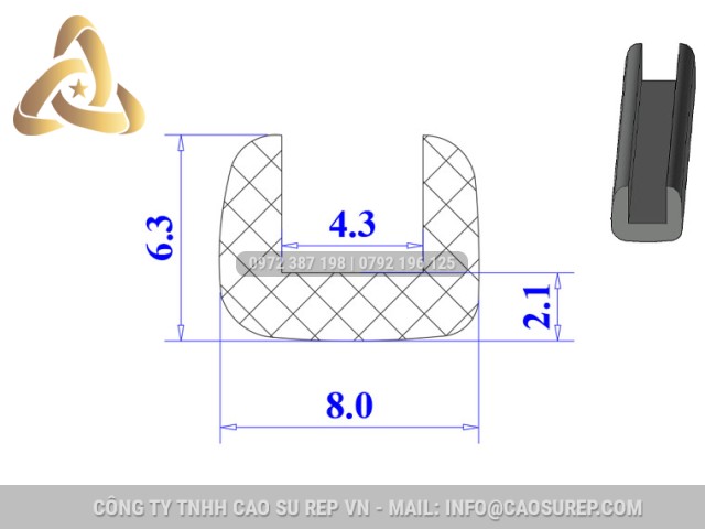 Ron silicon xốp chữ U 8x6.3x4.3