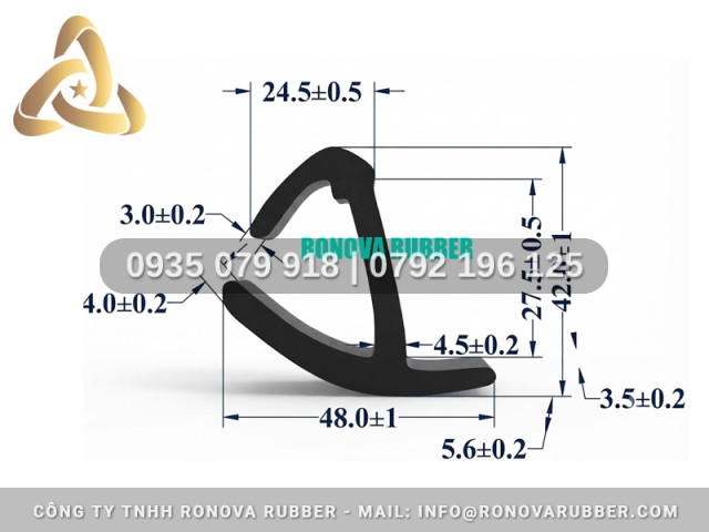 Gioăng cửa thùng kín cấu tạo từ cao su thiên nhiên chữ J 48x42