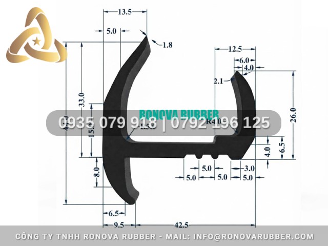 Gioăng cửa xe tải nguồn gốc cao su thiên nhiên chữ H 42.5x44